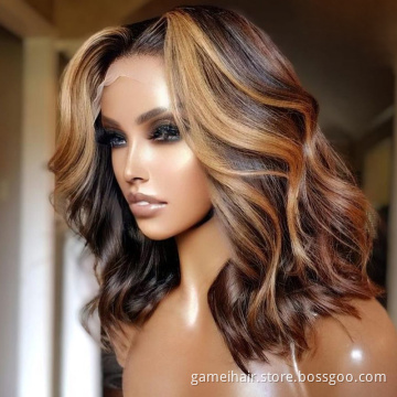 Highlight Human Hair  Short Bob wigs For Black Women T Part Brazilian Pre Plucked With Baby Hair Body Wave Lace Front Wig